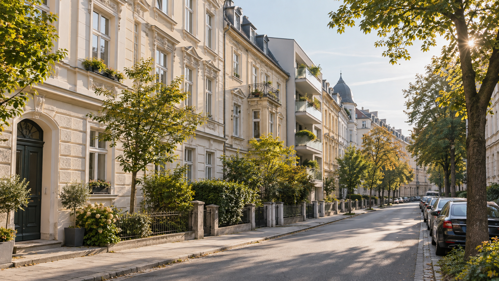 Wohnhäuser und Bäume in einer österreichischen Stadtstraße