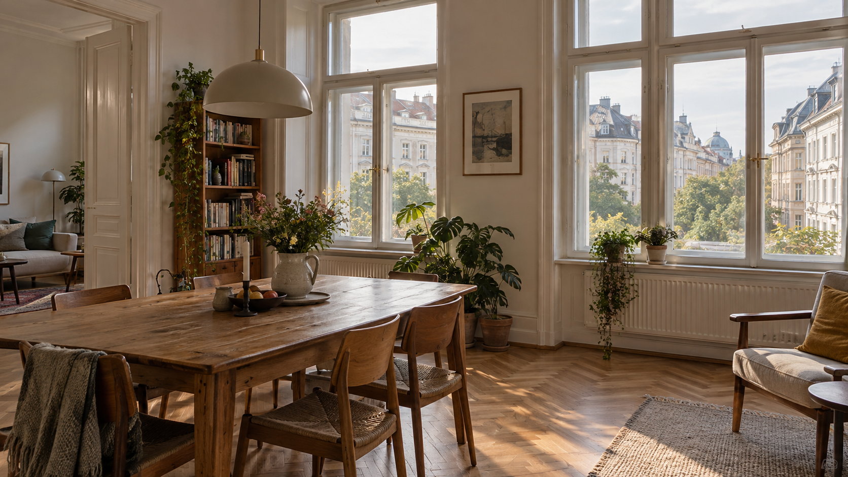 Heller Wohnraum mit Blick auf Häuser und Bäume in der Stadt